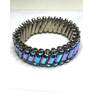 Vintage Bracelet Blue Peacock Rhinestone Vtg Stretch Costume Jewelry Set M06